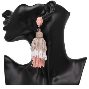 NWT Long Beaded Tassel Earrings | Pink Tan White